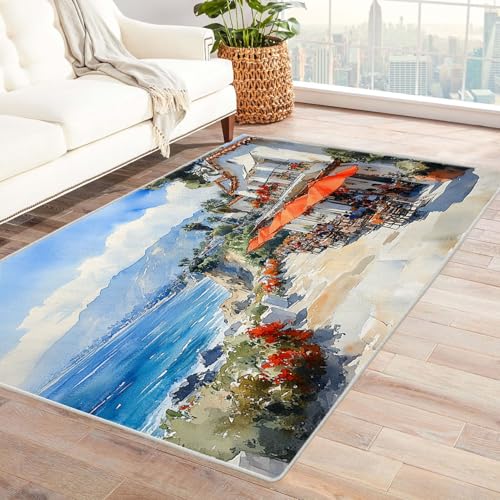 AMXBZC Wohnzimmerteppich mit Soft-Touch-Kurzflor Wunderschöne Strandlandschaft In & Outdoor Teppich Küchenteppich Terrassenteppich Muster Boho Moderne Deko(blau)-240x300cm von AMXBZC
