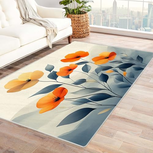 AMXBZC Wohnzimmerteppich mit Soft-Touch-Kurzflor natürliche schöne Blumen In & Outdoor Teppich Küchenteppich Terrassenteppich Muster Boho Moderne Deko(Orange)-60x90cm von AMXBZC