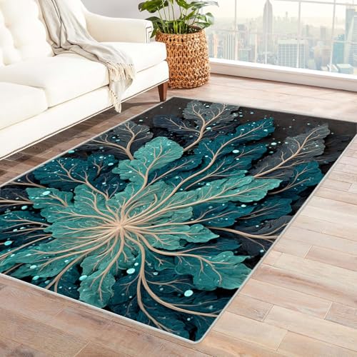 AMXBZC Wonzimmer Teppiche Abstrakte Pflanzen Blumen Schoafzimmer Geermetrische - Moderner Absttakter Anti-Rutsch- Kurzfloriger Kinderzimmer Esszimmer FoyerTeppich(blau)-210x300cm von AMXBZC
