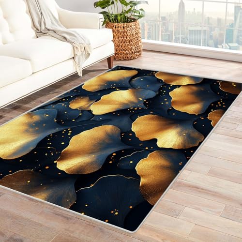 AMXBZC Wonzimmer Teppiche Abstrakte Pflanzenblätter Schoafzimmer Geermetrische - Moderner Absttakter Anti-Rutsch- Kurzfloriger Kinderzimmer Esszimmer FoyerTeppich(Gold 2)-90x120cm von AMXBZC