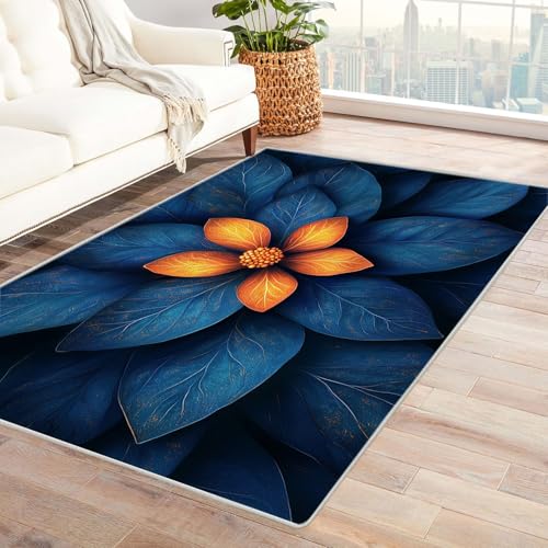 AMXBZC Wonzimmer Teppiche Abstrakter Blumenteppich Schoafzimmer Geermetrische - Moderner Absttakter Anti-Rutsch- Kurzfloriger Kinderzimmer Esszimmer FoyerTeppich(Blau 2)-90x120cm von AMXBZC
