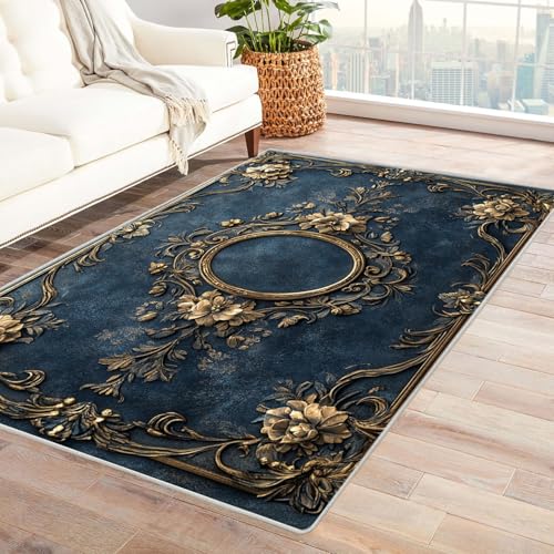 AMXBZC Wonzimmer Teppiche Abstraktes Vintage-Muster Schoafzimmer Geermetrische - Moderner Absttakter Anti-Rutsch- Kurzfloriger Kinderzimmer Esszimmer FoyerTeppich(blau)-150x210cm von AMXBZC
