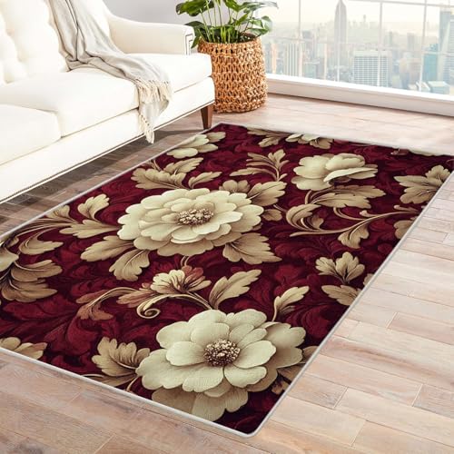 AMXBZC Wonzimmer Teppiche Abstraktes rotes Blumenmuster Schoafzimmer Geermetrische - Moderner Absttakter Anti-Rutsch- Kurzfloriger Kinderzimmer Esszimmer FoyerTeppich(Beige)-180x270cm von AMXBZC