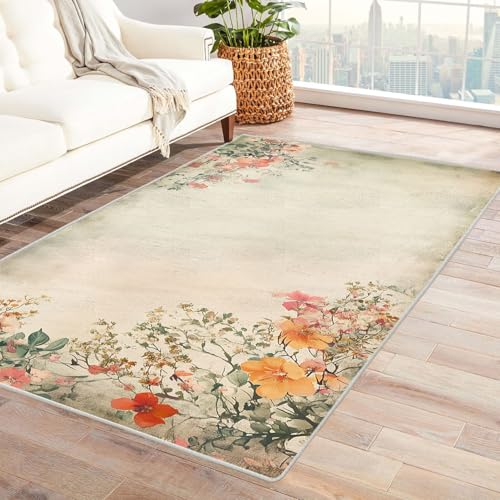 AMXBZC Wonzimmer Teppiche Natürlicher süßer Blumenteppich Schoafzimmer Geermetrische - Moderner Absttakter Anti-Rutsch- Kurzfloriger Kinderzimmer Esszimmer FoyerTeppich(beige)-60x90cm von AMXBZC