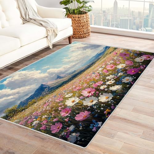 AMXBZC Wonzimmer Teppiche Natur Blume Berg Schoafzimmer Geermetrische - Moderner Absttakter Anti-Rutsch- Kurzfloriger Kinderzimmer Esszimmer FoyerTeppich(rosa)-150x210cm von AMXBZC