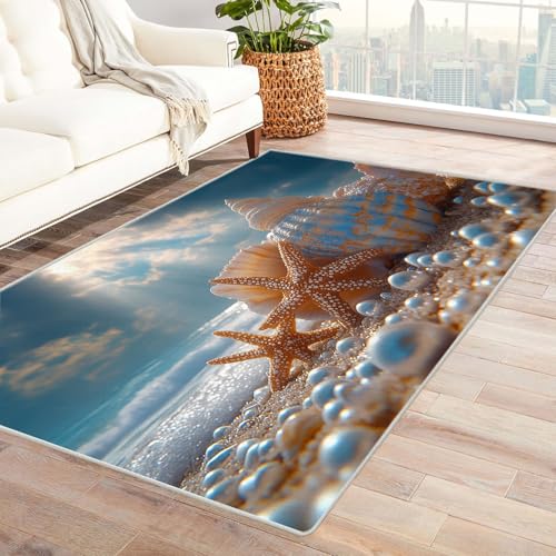 AMXBZC Wonzimmer Teppiche Niedliche Muscheln am Strand Schoafzimmer Geermetrische - Moderner Absttakter Anti-Rutsch- Kurzfloriger Kinderzimmer Esszimmer FoyerTeppich(Gelb)-150x180cm von AMXBZC