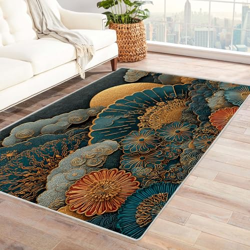 AMXBZC Wonzimmer Teppiche Retro Farbige Blumen Schoafzimmer Geermetrische - Moderner Absttakter Anti-Rutsch- Kurzfloriger Kinderzimmer Esszimmer FoyerTeppich(blau)-120x150cm von AMXBZC
