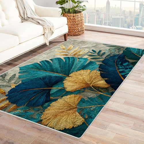 AMXBZC Wonzimmer Teppiche Retro Natürliche Pflanzen Schoafzimmer Geermetrische - Moderner Absttakter Anti-Rutsch- Kurzfloriger Kinderzimmer Esszimmer FoyerTeppich(blau)-60x90cm von AMXBZC