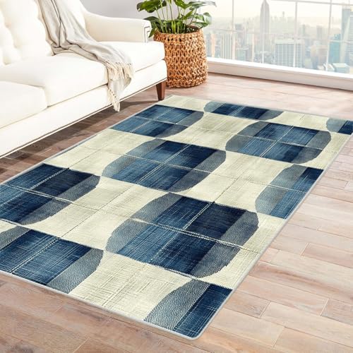 AMXBZC Wonzimmer Teppiche Retro abstraktes Muster Schoafzimmer Geermetrische - Moderner Absttakter Anti-Rutsch- Kurzfloriger Kinderzimmer Esszimmer FoyerTeppich(blau)-180x270cm von AMXBZC