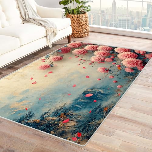AMXBZC Wonzimmer Teppiche Retro schöne Blumen Schoafzimmer Geermetrische - Moderner Absttakter Anti-Rutsch- Kurzfloriger Kinderzimmer Esszimmer FoyerTeppich(rosa)-120x150cm von AMXBZC