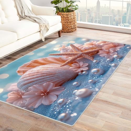 AMXBZC Wonzimmer Teppiche Strand Blumen Muscheln Muster Schoafzimmer Geermetrische - Moderner Absttakter Anti-Rutsch- Kurzfloriger Kinderzimmer Esszimmer FoyerTeppich(rosa)-90x120cm von AMXBZC