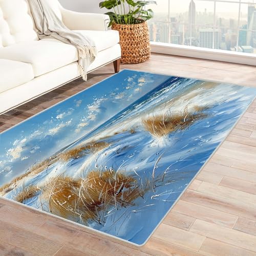 AMXBZC Wonzimmer Teppiche Winterliche Strandlandschaft Schoafzimmer Geermetrische - Moderner Absttakter Anti-Rutsch- Kurzfloriger Kinderzimmer Esszimmer FoyerTeppich(blau)-150x180cm von AMXBZC