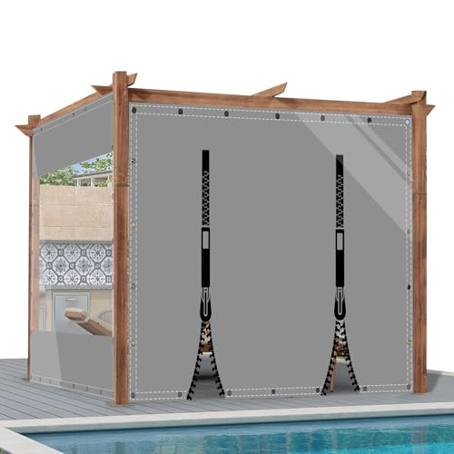 AMXFS Outdoor Vorhang mit Ösen Wetterfest aus PVC H2,0m*L2,4m Windschutz Regenschutzplane Terrassenplane 0,5mm Planen outdoorvorhänge für Pavillon Wintergarten,Grau & 2 RV von AMXFS
