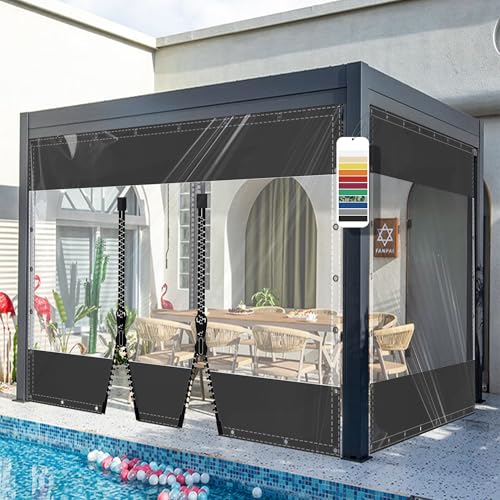 AMXFS Planen Transparent mit ösen Terrassenplane Glasklar aus 580g/㎡ PVC Schwarz H2mxL4.8m Outdoor Vorhang Wetterfest wasserdichte Regenschutzplane mit Reißverschluss für Pavillon Wintergarten von AMXFS
