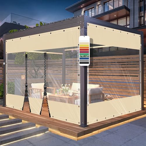 AMXFS Planen Transparent mit ösen Terrassenplane Glasklar aus 580g/㎡ PVC Beige H2mxL3.2m Outdoor Vorhang Wetterfest wasserdichte Regenschutzplane mit Reißverschluss für Pavillon Wintergarten von AMXFS