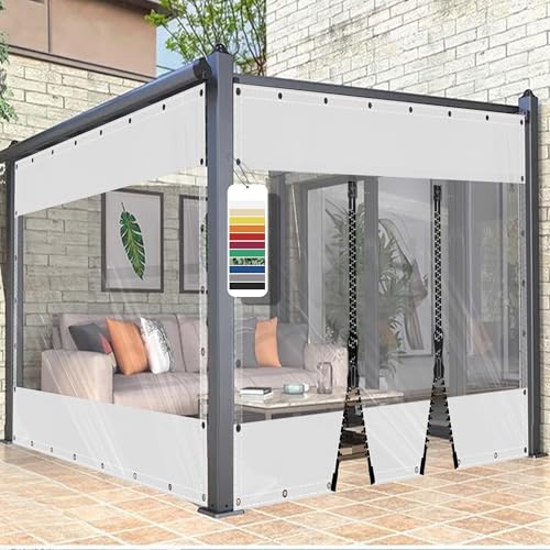 AMXFS Transparent Planen mit ösen Terrassenplane Glasklar aus 580g/㎡ PVC Weiß H2.4mxL4.8m Outdoor Vorhang Wetterfest wasserdichte Regenschutzplane ohne Reißverschluss für Pavillon Wintergarten von AMXFS