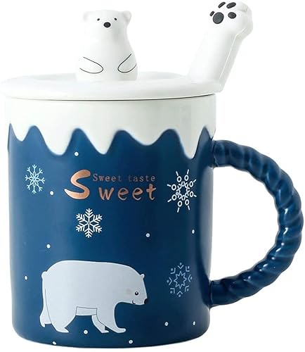 Kaffeetassen Tasse Kaffeebecher Kaffeebecher, kreatives süßes Eisbär-Cartoon-Becher-Set, 13 Unzen Kaffeetasse mit Deckel und Löffel, Keramikbecher Teetasse Becher Tassen von AMYSTY