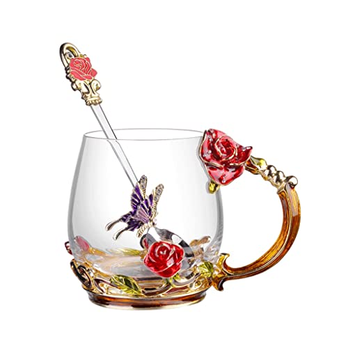 Kaffeetassen Tasse Kaffeebecher Teetasse Glas Kaffeetassen mit Löffel Schöne Rose Blume Schmetterling Kaffeetasse Geburtstagsgeschenke für Frauen Teetasse Becher Tassen (Color : Without Lid, Size : von AMYSTY