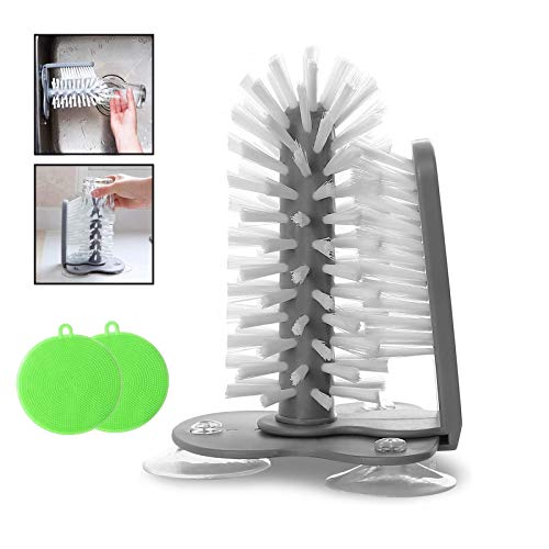 xianzhanEU Gläserspülbürste Doppelseitiger Borstenbürste, Gläserbürste mit Saugnapf, für Bar Küche Spüle Reinigung Werkzeuge, mit 2 × Silikon Schwamm von AMZ