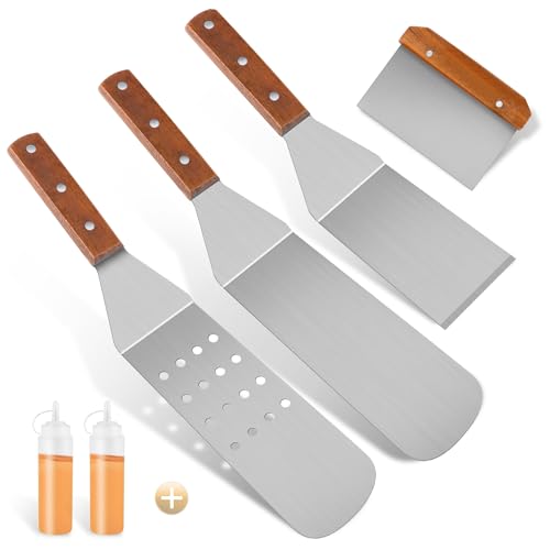 ADNEWX 4 Stück Grillspachtel Set, Pfannenwender Edelstahl mit 2 Quetschflasche Grillwender Holzgriffen Glatte für Teppanyaki-Grills und Plancha Zubehör von ADNEWX