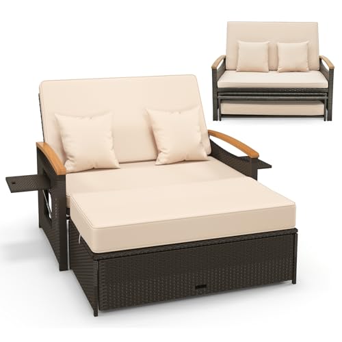 AMZBNEIDI Garten Beistelltisch Garten-Rattan-Tagesbett 3-in-1 mit 4-stufig verstellbaren Seitenablagen, Mehrfarbig, mehrere Größen(Beige) von AMZBNEIDI