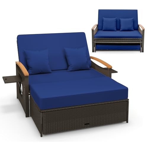 AMZBNEIDI Garten Beistelltisch Garten-Rattan-Tagesbett 3-in-1 mit 4-stufig verstellbaren Seitenablagen, Mehrfarbig, mehrere Größen(Navy) von AMZBNEIDI