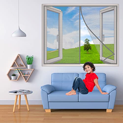 Fiberglas Magnet Fliegengitter Fenster, 90x60 cm Sommer Insektenschutz Fliegenvorhang BalkonFenster Verstärkt Magnetvorhang mit Klettbändern Klebeband, für BalkonFenster- Grau H von AMZBSGD