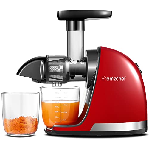 AMZCHEF Entsafter Gemüse und Obst Testsieger - Entsafter Slow Juicer mit Rückwärts-Kau-Funktion - Zartes Zerkleinern ohne Filtern - Saftpresse Elektrisch mit Bürste und 2 Tassen - Kirschenrot von AMZCHEF