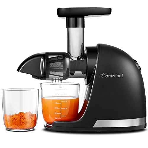 AMZCHEF Entsafter Gemüse und Obst Testsieger - Entsafter Slow Juicer mit Rückwärts-Kau-Funktion - Zartes Zerkleinern ohne Filtern - Saftpresse Elektrisch mit Bürste und 2 Tassen - Mattschwarz von AMZCHEF