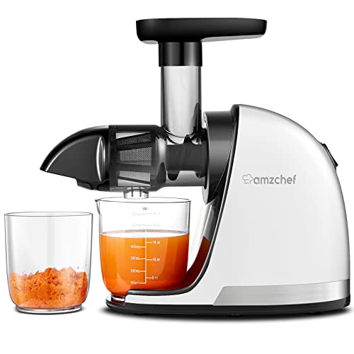 AMZCHEF Entsafter Gemüse und Obst Testsieger - Entsafter Slow Juicer mit Rückwärts-Kau-Funktion - Zartes Zerkleinern ohne Filtern - Saftpresse Elektrisch mit Bürste und 2 Tassen - Rein-weiß von AMZCHEF