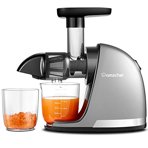 AMZCHEF Entsafter Gemüse und Obst Testsieger - Entsafter Slow Juicer mit Rückwärts-Kau-Funktion - Zartes Zerkleinern ohne Filtern - Saftpresse Elektrisch mit Bürste und 2 Tassen - Silber von AMZCHEF