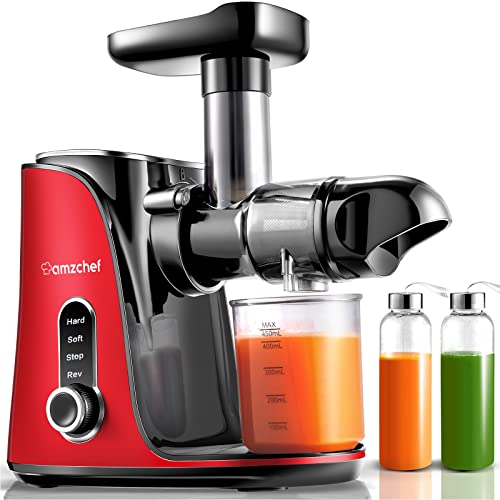 AMZCHEF Entsafter Gemüse und Obst mit 2 Geschwindigkeitsmodi - Entsafter Slow Juicer mit Tragbare Flasche und 2 Tassen - BPA freie Cold Press Juicer - Rot von AMZCHEF