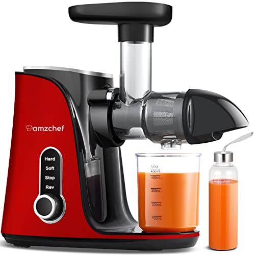 AMZCHEF Entsafter Gemüse und Obst mit 2 Geschwindigkeitsmodi - Entsafter Slow Juicer mit Tragbare Flasche und 2 Tassen - BPA freie Cold Press Juicer mit Intelligente LED und Umkehrfunktion - Rot von AMZCHEF