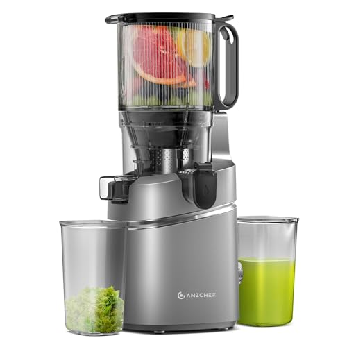 AMZCHEF Entsafter Slow Juicer - Entsafter Gemüse und Obst Testsieger für ganze Früchte, XXL 135mm Öffnung, BPA-frei mit Rezeptbuch - 1.8L Behälter, Dreifachfilter, Grau von AMZCHEF