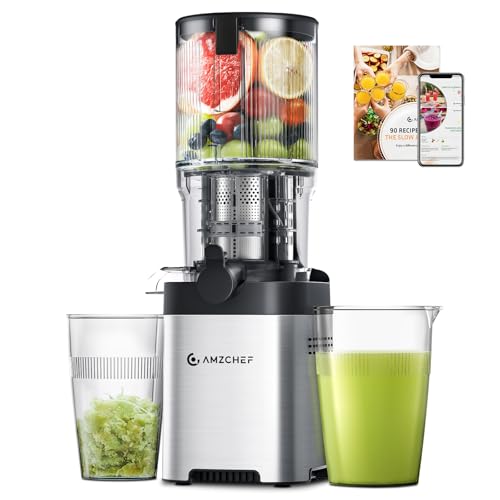 AMZCHEF Entsafter - Slow Juicer mit 135MM Breite und Größere Fütterungsröhre für Ganze Gemüse und Obst - Leicht zu Reinigender Entsafter mit 2 Gläsern - Silber von AMZCHEF