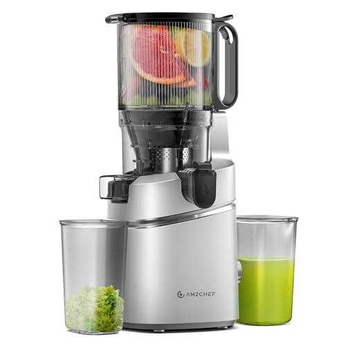 AMZCHEF 250W Entsafter Slow Juicer Kaltpresse für Ganze Früchte, XXL 135mm Öffnung, BPA-frei mit Saftflasche & Rezeptbuch – 1,8L Behälter, 3-fach Filter, Silber von AMZCHEF