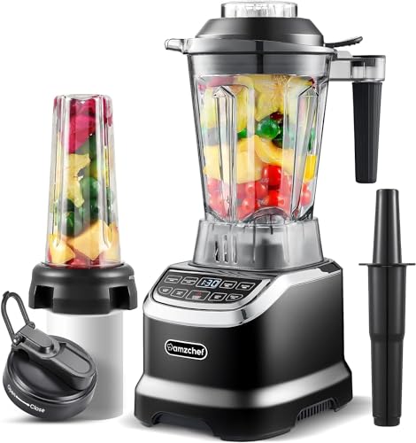 AMZCHEF Mixer Smoothie Maker - 2000W Blender - Mixer Hochleistungsmixer mit LED Zeitanzeige - 6 Pro-Scharfe 3D Klingen - 22000 U/Min Standmixer - 1,85 Liter Flasche und 600ml Tragbare Flasche von AMZCHEF