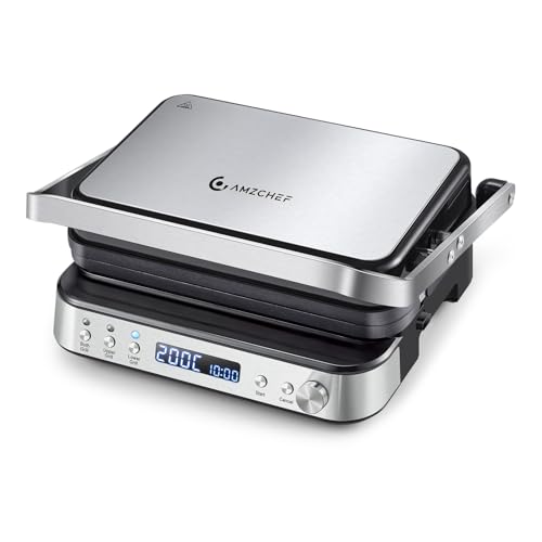 AMZCHEF Multifunktionaler 4 in 1 Kontaktgrill, Griddle, Waffeleisen & SandwichMaker mit 4 antihaftbeschichteten abnehmbaren Platten, individuelle Zeit und Temperatur,LED-Anzeige,Gesundheitsgrill 2000W von AMZCHEF