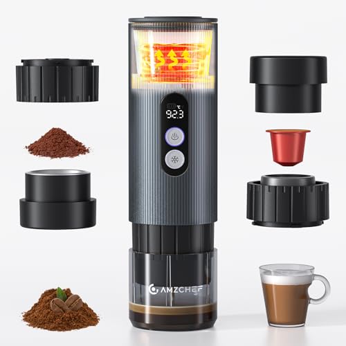 AMZCHEF Tragbare Espressomaschine mit Akku – 20 Bar Mobile Kaffeemaschine mit USB-C & Digitalanzeige – Kompatibel mit Kapseln & Kaffeepulver – kaffeemaschine to go für Reisen, Camping, Aluminium von AMZCHEF