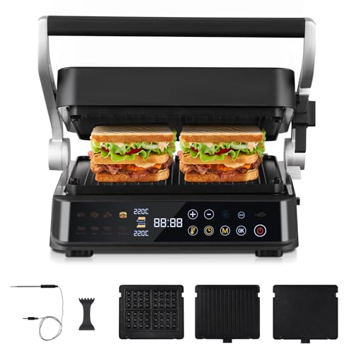 AMZCHEF XL Kontaktgrill 4-in-1 mit Temperatursensor & GrillBoost (280°C) – Elektrogrill mit 4 wechselbaren Anti-Haft-Platten für Steak, Waffeln, Sandwiches, Pfannkuchen – 2000 W, spülmaschinengeeignet von AMZCHEF