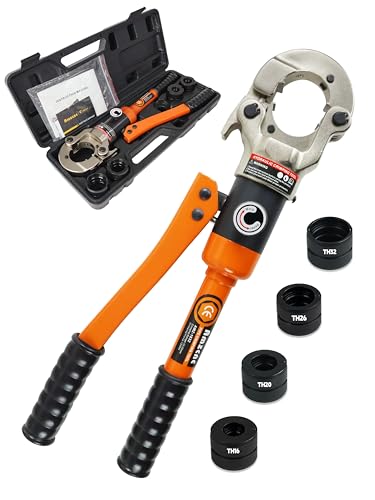 AMZCNC Profi Presszange TH-Kontur 16-20-26-32 Set Presswerkzeug mit 360° drehbarem Kopf,für Verbundrohr mit Fittings der TH-Kontur, Backeneinsätze TH16,TH20,TH26,TH32 incl. von AMZCNC