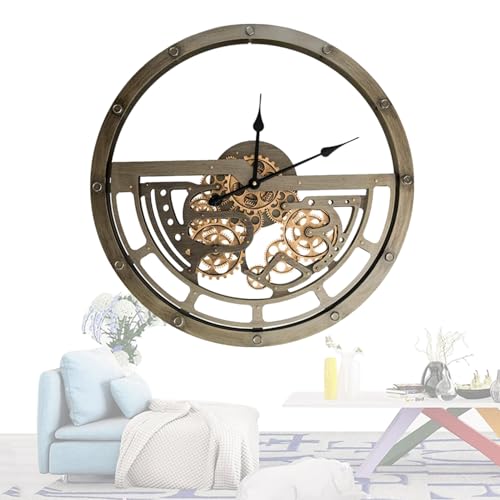 AMZCOM Metall Wanduhr Mit Beweglichen ZahnräDern GroßE EuropäIscher Retro-Industriestil Dekorative Wanduhr Batteriebetrieben Halboffenes Design von AMZCOM