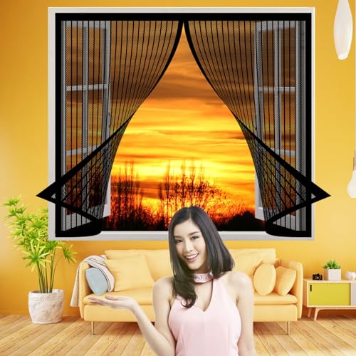 Fliegengitter Fenster 150 x 120 cm, Insektenschutz Selbstklebendes Fliegengitter für Fenster, Magnetische Adsorption für Alle Fenster, Schwarz von AMZERO