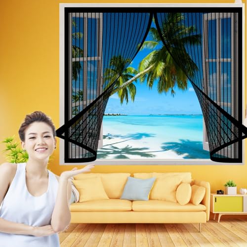 Fliegengitter Fenster Magnet 130 x 188 cm, Insektenschutz Insektenschutzgitter Terrassentür, Total Magnetisch, Automatik-Verschluss für Alle Arten von Fenstern, Schwarz von AMZERO