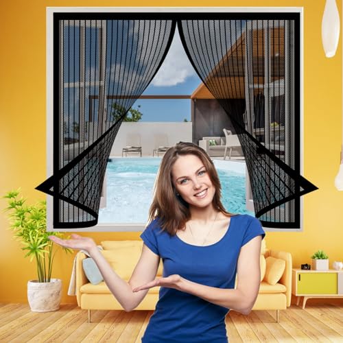 Fliegennetz Fenster Magnet 124 x 192 cm, Insektenschutz Selbstklebendes Fliegengitter für Fenster, Total Magnetisch, Automatik-Verschluss für Alle Fenster, Schwarz von AMZERO