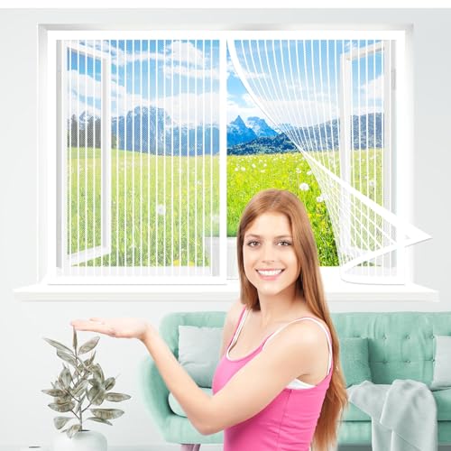 Fliegennetz Fenster Magnet 240 x 270 cm, Insektenschutz Fliegenvorhang Moskitonetz Fenster, Klebmontage Ohne Bohren für Alle Arten von Fenstern, Weiß von AMZERO