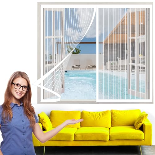 Fliegennetz Fenster Magnet 250 x 255 cm, Insektenschutz mit Starkem Klettband, Magnetische Adsorption für Windows/Wohnzimmer Fenstern, Weiß von AMZERO