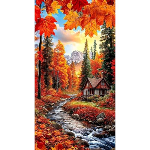 40x70cm Schönes Diamantkunst-Malset für Erwachsene, 5D DIY Vollbohrung Rundes Diamantmalerei-Set, Hängende Kristall-Strass-Kunst, Diamant Tischdekoration für Wohnraum Wanddeko - Herbstlandschaft von AMZGSHOP