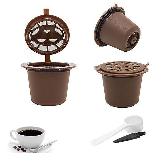AMZLORD 3 Stück Kaffee kapsel Wiederverwendbarer for Ne-spresso Maschine - Nachfüllbare Kaffeekapseln - Kaffeefilter Kaffeepads mit Kaffeelöffel und Reinigungsbürste (Braun) von AMZLORD