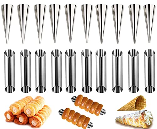 20 Stück Backform Set, Cream Horn Formen Set Sahnerollen Edelstahl Cannoli Rohre Molds Hörnchen Backform Kuchen Gebäck Spirale Horn Backform Backzubehör von AMZMUKAUP